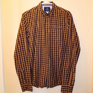 Scotch & Soda Looking Good Checks Plaid Navy Orange Button Mens Shirt Medium
